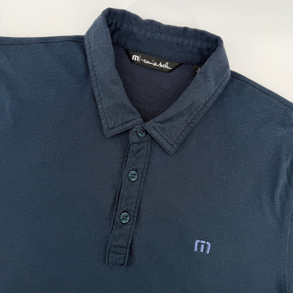 TravisMathew Polo Shirt Mens Large Navy Blue Short Sleeve Golf Athletic Logo